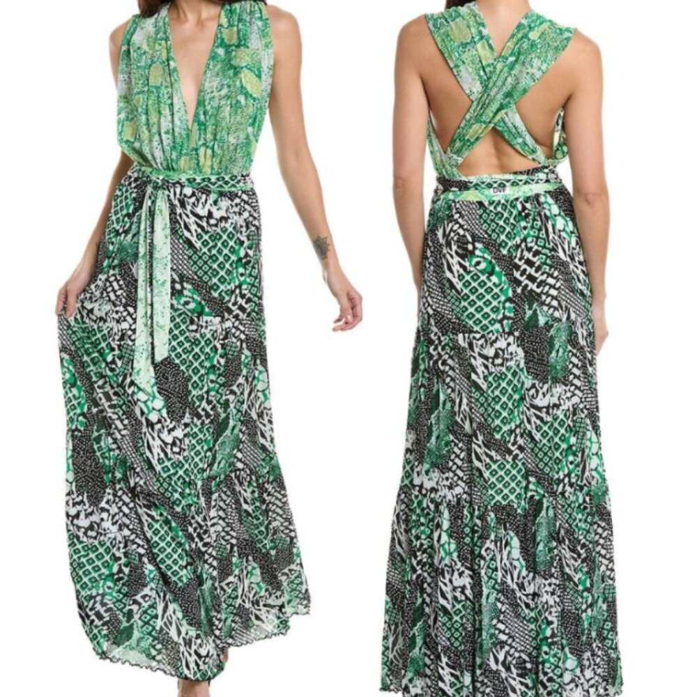 DIANE VON FURSTENBERG Drew Reversible Mesh Wrap Maxi Dress in Green sz L $738